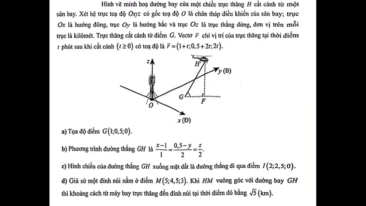 Toán 12: Hình vẽ minh hoạ đường bay của một chiếc trực thăng H cắt cảnh từ một sân bay. Xét hệ