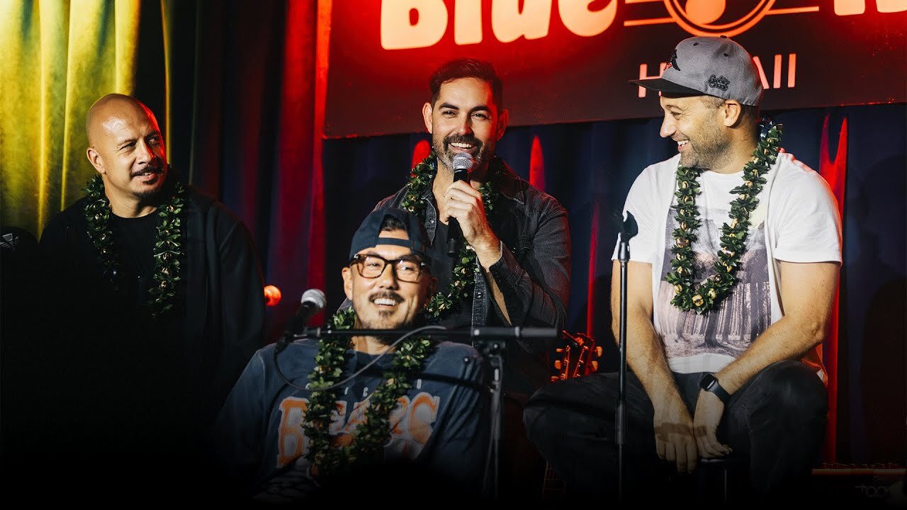 All seven band members of Seven Suns introduce themselves during live podcast at Blue Note Hawai'i