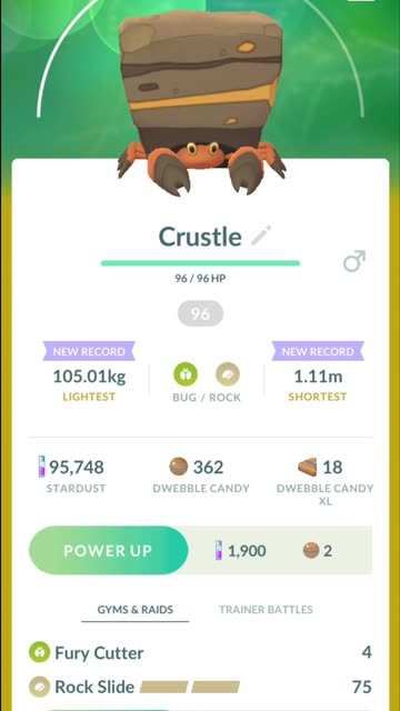 Pokemon Go Evolution - 96% iV Dwebble ➡️ Crustle