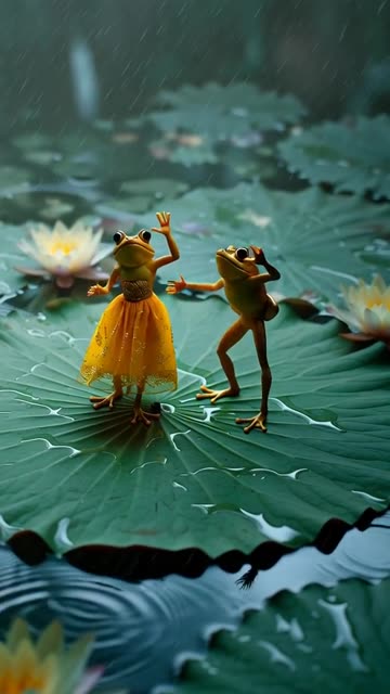A cinematic, artistic video of a frog couple dancing joyfully on a large green lotus leaf floating