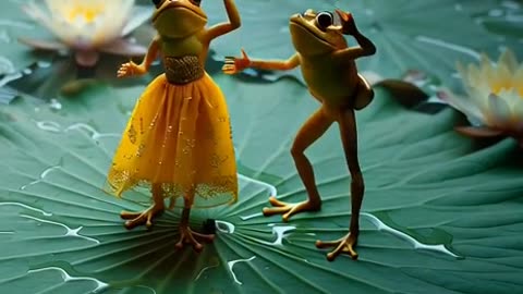 A cinematic, artistic video of a frog couple dancing joyfully on a large green lotus leaf floating