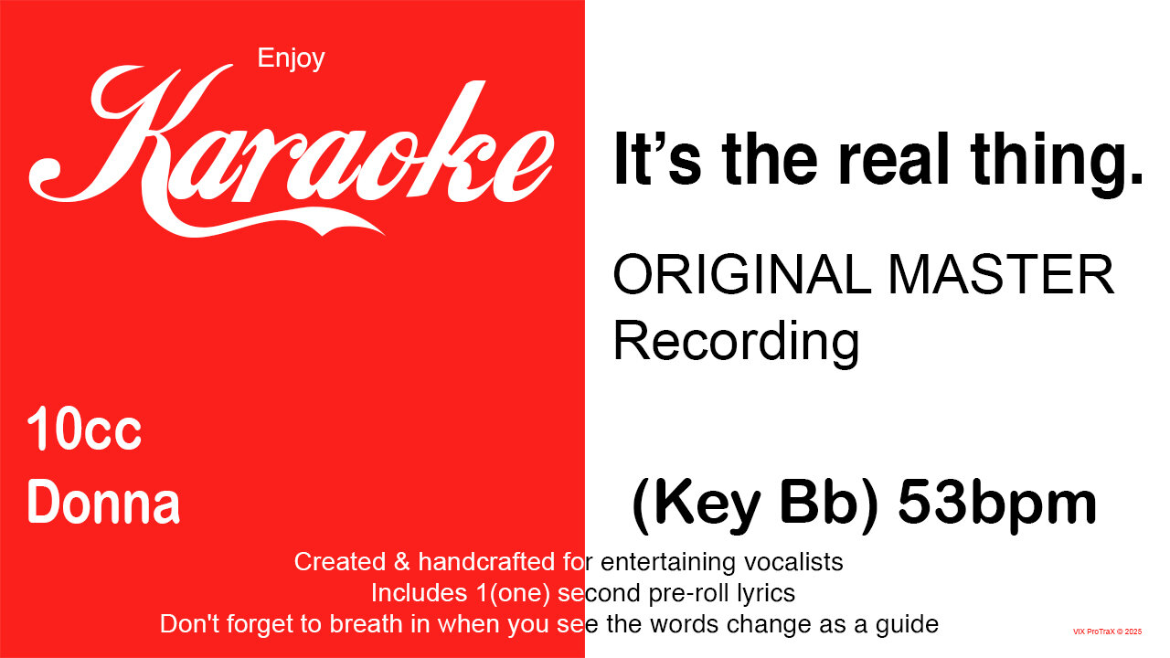 10cc - Donna (Key Bb) 53bpm (2025) Karaoke