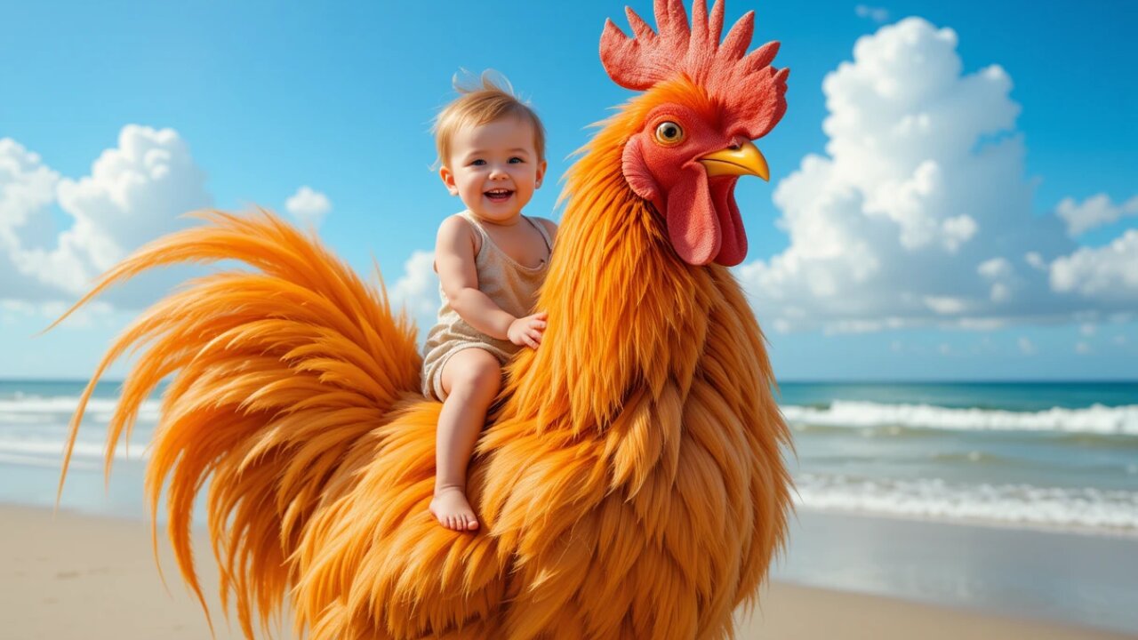 Adorable Baby on a Rooster at the Beach—So Cute! 🏖️🐓✨