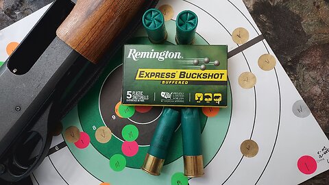 Remington Express #0 Buckshot Loads in standard 12ga. with 5-shot group and shell breakdown.