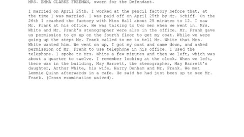 MRS EMMA CLARKE FREEMAN, Sworn In For The Defendant, 43rd To Testify