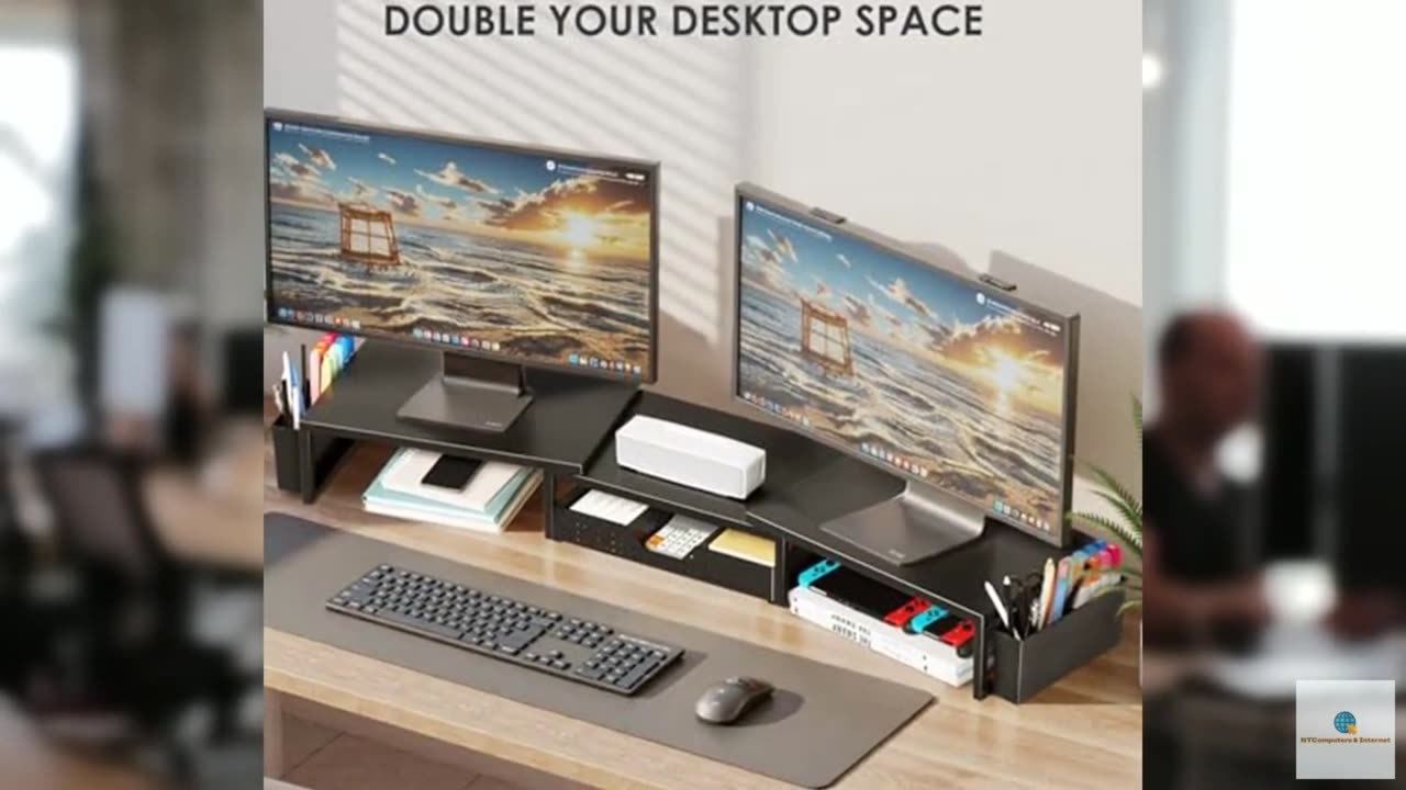 OPNICE Desk Organizers and Accessories, Dual Monitor Stand Riser with Drawer and