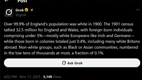 IN 1900, OVER 99.9% OF ENGLAND'S POPULATION WAS WHITE. KALERGI PLAN 💣