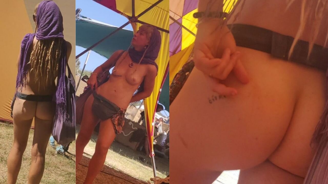 Hippie blonde girl walking around totally naked