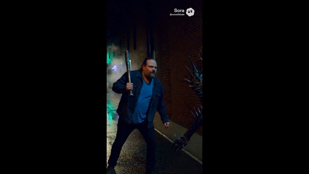 Russell Blade uses a baseball bat against spiked alien.