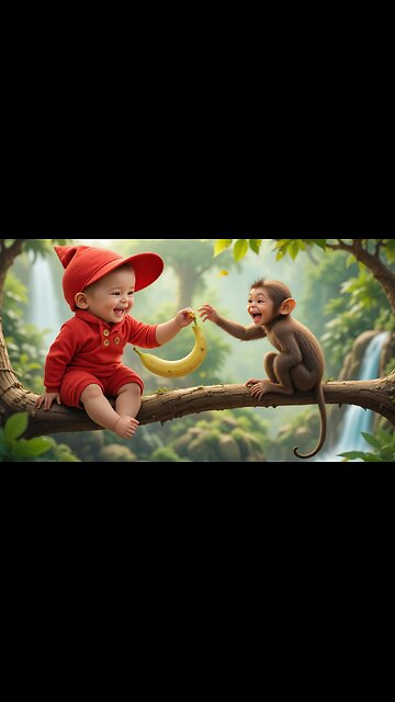 Adorable Duo: Baby and Monkey's Banana Adventure! 🍌🐒✨