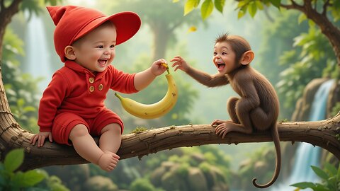 Adorable Duo: Baby and Monkey's Banana Adventure! 🍌🐒✨