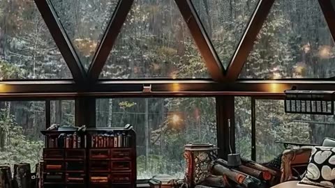 Glass Room Sanctuary with Warmth, Flickering Flames, and Soothing Rain.