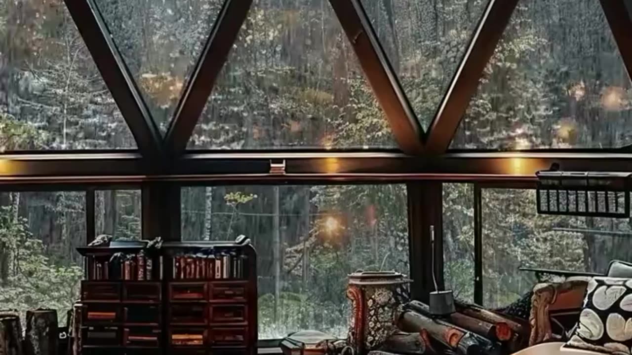 Glass Room Sanctuary with Warmth, Flickering Flames, and Soothing Rain.