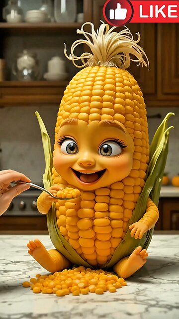 The character of Funny Corn is eating corn, making people laugh and thinking it's sweet. AI generate