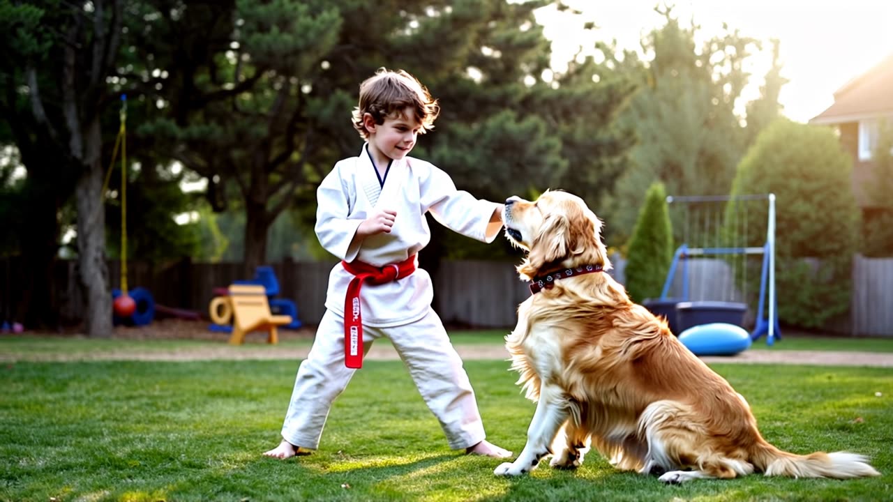 A little boy is playing a karate game with a dog