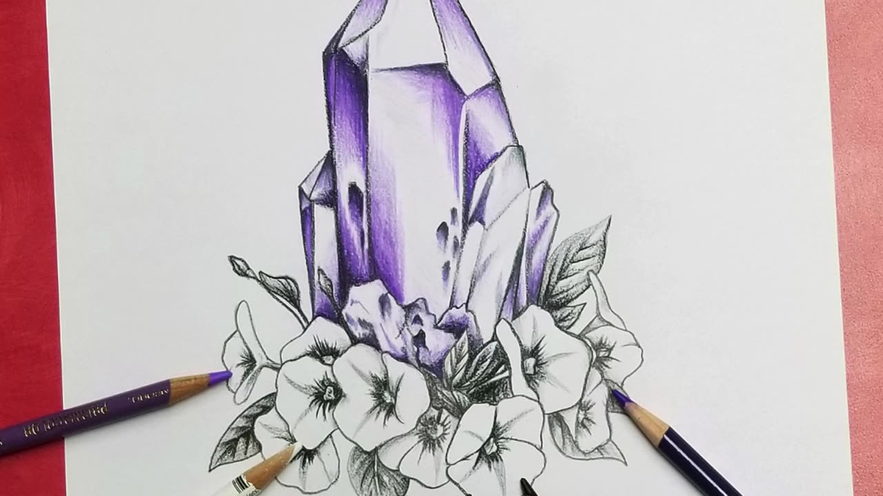 Drawing timelapse drawing process of quartz crystals and moon flowers