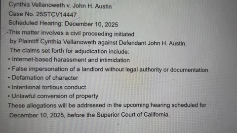CYNTHIA VELLANOWETH SUES JOHN AUSTIN FOR DEFAMATION, LANDLORD IMPERSONATION CASE NO [25STCV14447]