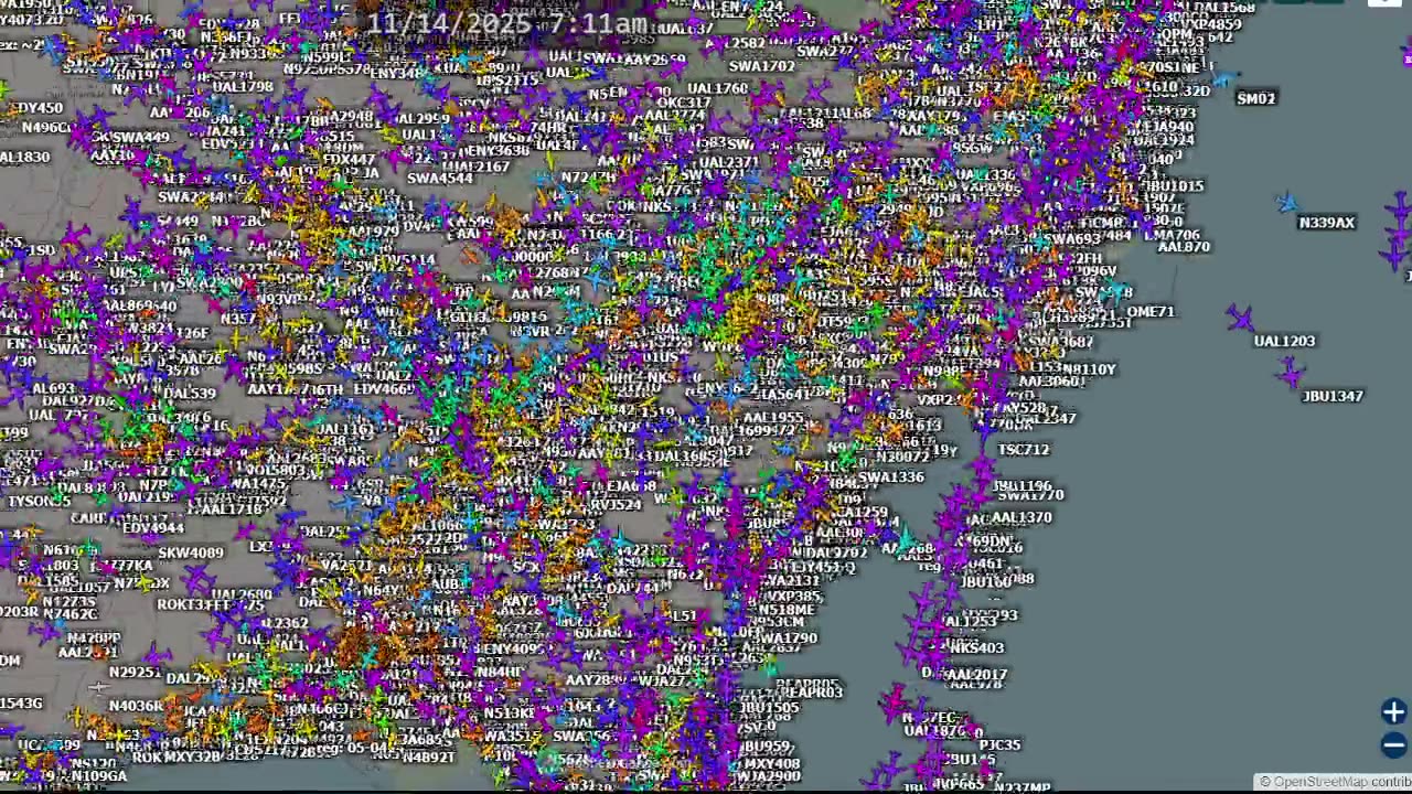 East Coast AIrplane Traffic Time Lapsed - Nov 15th 2025 - no audio -