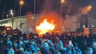 Merchandise stand on fire outside the Etihad Stadium ahead of game v Club Brugge