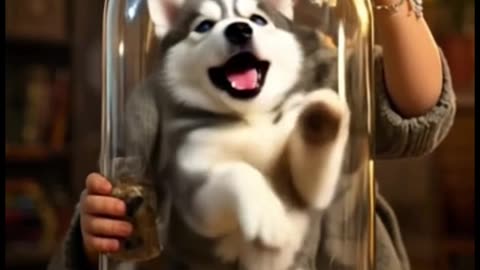 "Trapped! Baby Dog in a Glass Bottle—Will It Escape?" #cuteanimal #aianimals #babydog #cute