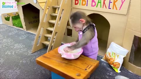So cute! BiBi monkey picks fruits to make pizza! #monkey