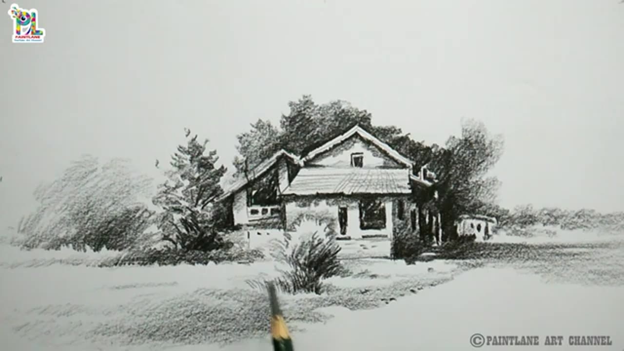 How to draw house in the scenery art in good perspective view || PAINTLANE ART