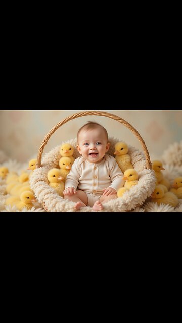Adorable Baby Smiles with Fluffy Ducklings in a Basket!
