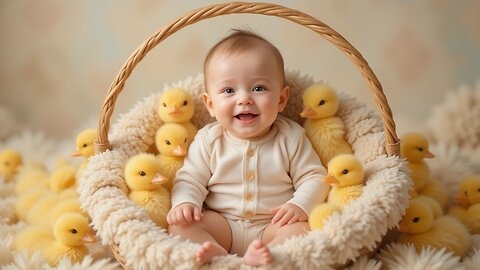 Adorable Baby Smiles with Fluffy Ducklings in a Basket!