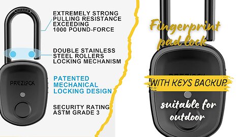 Fingerprint Padlock with Key Backup, 2keys, Prezlock, Smart Padlock with Keyless Biometric