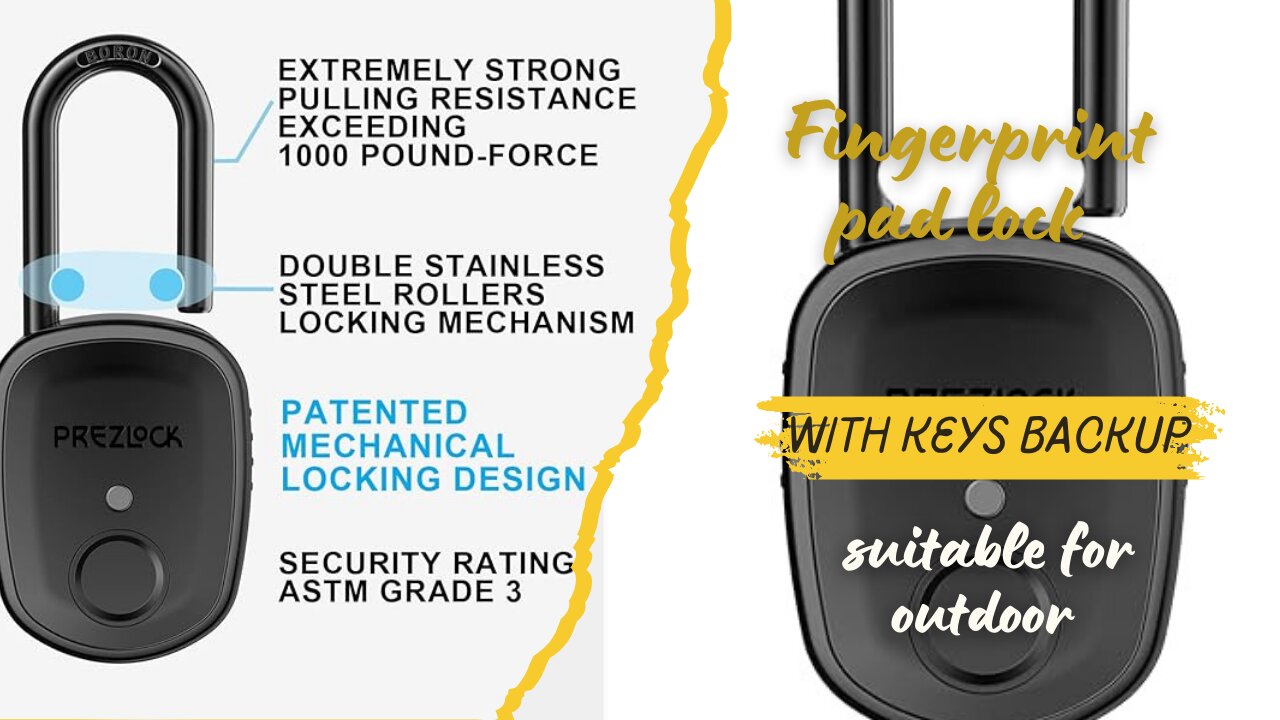 Fingerprint Padlock with Key Backup, 2keys, Prezlock, Smart Padlock with Keyless Biometric
