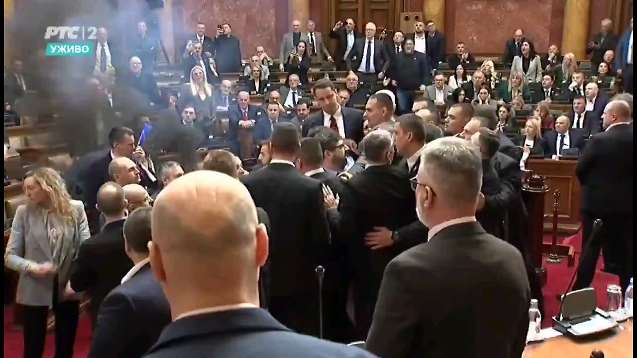 NOW - Chaos erupts in the Serbian parliament.