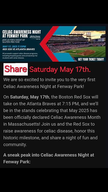 Celiac Disease Awareness Night Saturday 17th. Fenway Park Boston Red Sox
