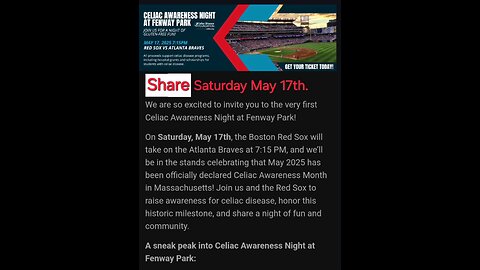 Celiac Disease Awareness Night Saturday 17th. Fenway Park Boston Red Sox