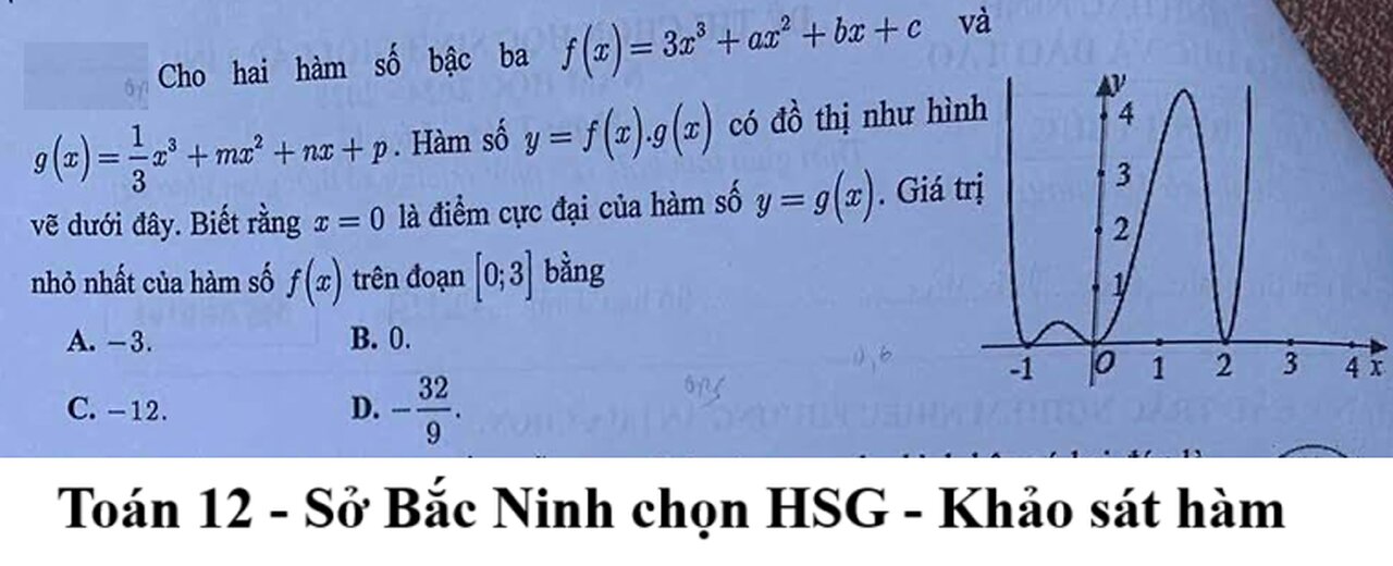 Sở Bắc Ninh chọn HSG: Cho hai hàm số bậc ba f(x)=3x^3+ax^2+bx+c và g(x)=1/3 x^3 +mx^2 + nx+p. Hàm số