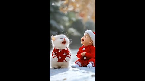 cute baby enjoye winter season with his cat