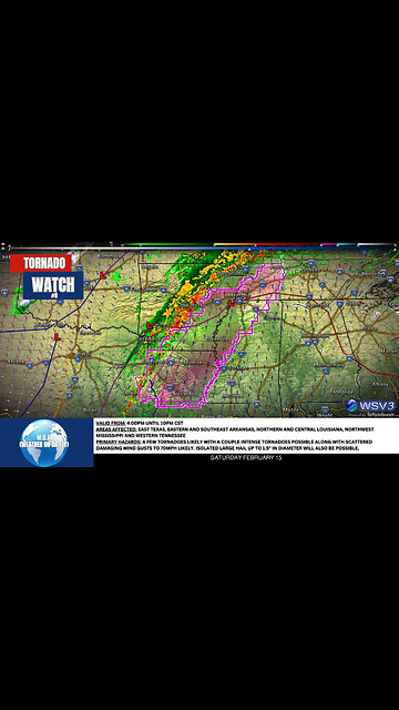 🌪️ Tornado Watch #8: East TX to TN Until 10 PM! 2/15/25 #shorts #weather
