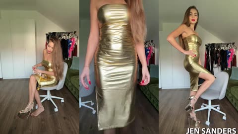 Highlights_ Shiny Gold Tube Slit Dress and Gold Heeled Sandals