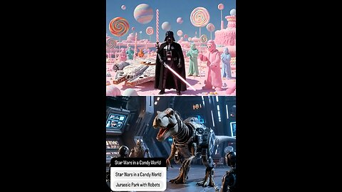 Recreate iconic scenes with twists: 'Star Wars but in a candy world' or 'Jurassic Park with robots.