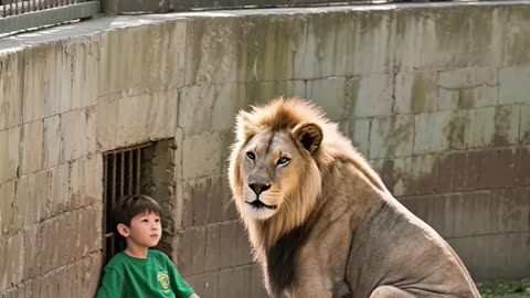 SHOCKING! LION GENTLY TENDS TO BOY IN ENCLOSURE!