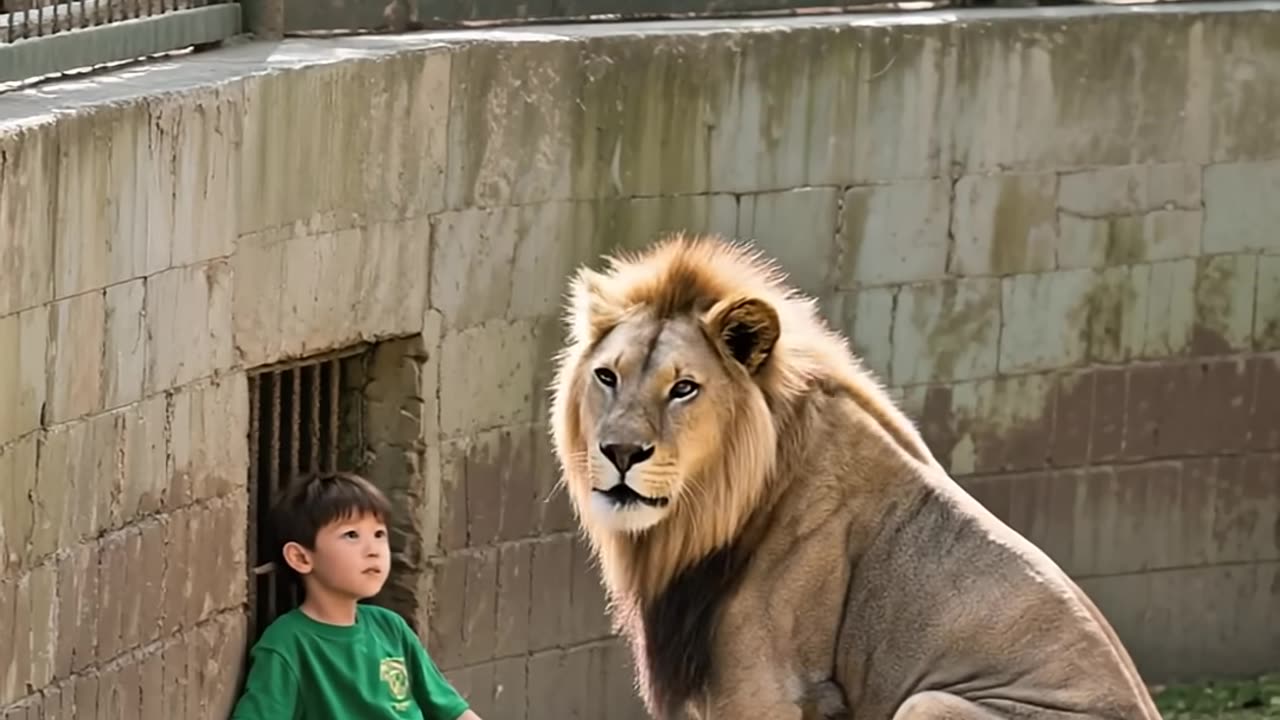 SHOCKING! LION GENTLY TENDS TO BOY IN ENCLOSURE!