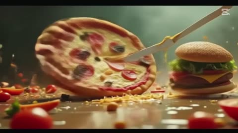 Giant pizza fights robot burgers using cheese swords!