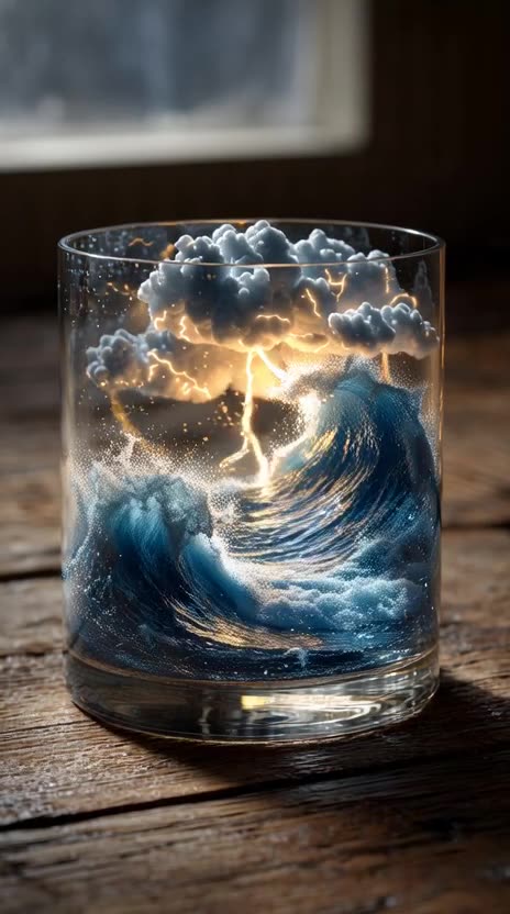 A crystal-clear glass tumbler sits on a rustic wooden table