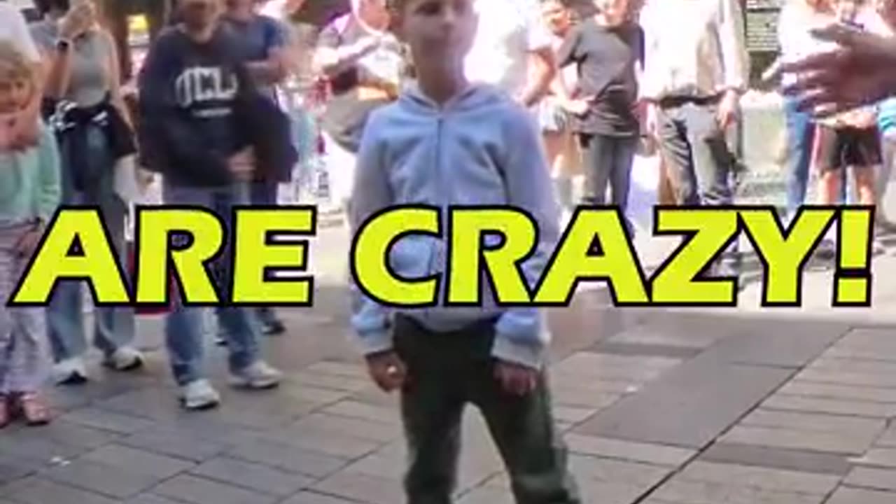 Funny street magician having fun with kid