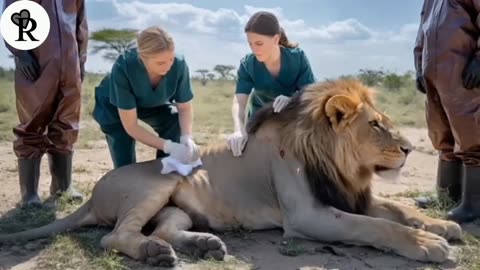 A Male Lion Bitten By A Bee Was Helped By Two Men