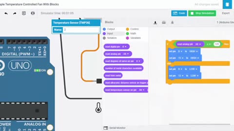 Arduino Temperature Controlled Fan #Tinkercad Code Blocks with Arduino and TMP36 Temperature Sensor