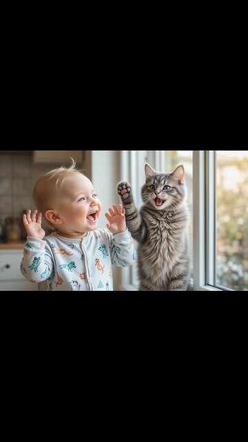 Baby and Cat's Hilarious Dance Party by the Window! 🐾🎉😄