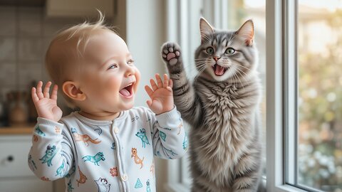 Baby and Cat's Hilarious Dance Party by the Window! 🐾🎉😄