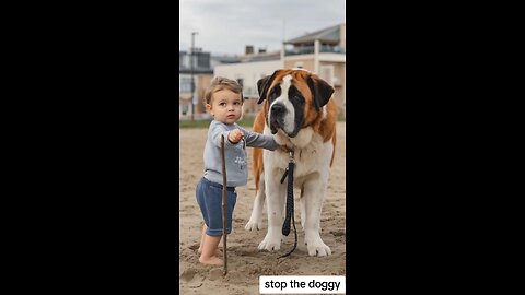 toddler defending itself from st bernard
