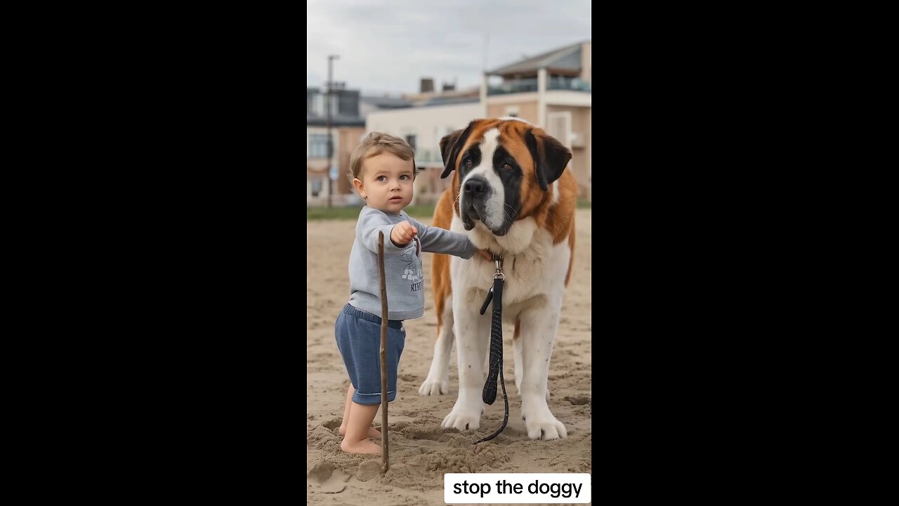 toddler defending itself from st bernard