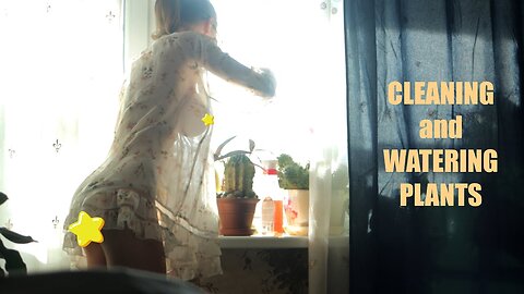 Transparent cleaning and watering plants with model girl